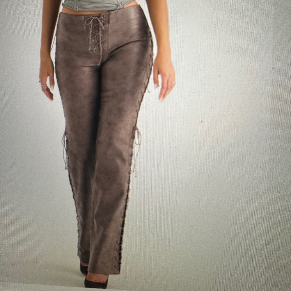 Drew Mocha Vegan Leather Lace Up Trousers, House of CB, Size L+ LONG